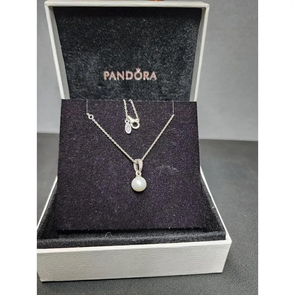 PANDORA Elegant Beauty Pendant, White Pearl & Clear CZ with necklace